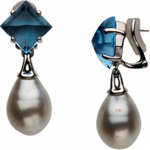 South Sea Cultured Pearl and Genuine Swiss Blue Topaz Earrings