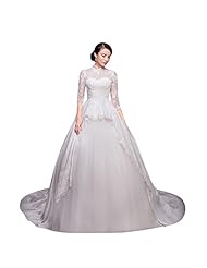 Long Sleeves  Tulle High-Neck Vintage Pleated Beaded Sheer Lace  Ball Gown Wedding Dress  with a Chapel Train 