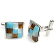 Rhodium Plated Steel Cuff Links with Semi-Precious Turquoise and Tiger's Eye Stone Mosaic