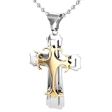 Stainless Steel Double Cross w/ Gold Gothic Top Cross Pendant
