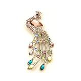 Multi-Color Austrian Rhinestone Peacock Bird Silver-Tone Brooch Pin