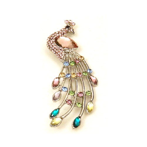 Multi-Color Austrian Rhinestone Peacock Bird Silver-Tone Brooch Pin