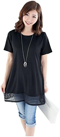 J Style Any Plus-size Short Sleeve T-shirt Tops with See-through Stripe Patterned Hem_Black_XL