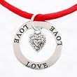 Double Sided Round LOVE Affirmation Band Pendant in Sterling Silver with Heart Charm on Red Satin Necklace, 16" - 18" in Length, #8877