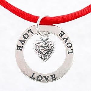 Double Sided Round LOVE Affirmation Band Pendant in Sterling Silver with Heart Charm on Red Satin Necklace, 16" - 18" in Length, #8877