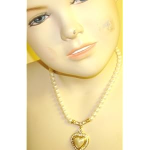 One Strand Small Simulated Ivory Pearl Necklace with Gold Plated Crystals Heart Pendant Earrings...