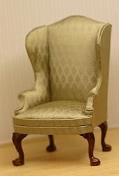 Upholstered Wing Chair in Champagne Damask Dollhouse Miniature