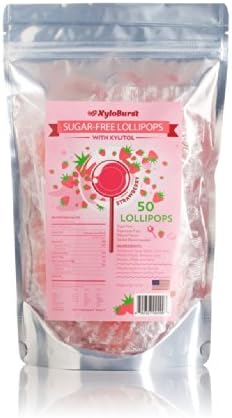 XyloBurst Lollipop Sugar Free with Xylitol, 50 count Bag, Strawberry