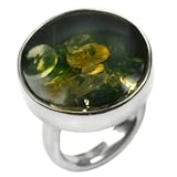 Baltic Green Amber and Sterling Silver Large Round Ring Sizes 5,6,7,8,9,10,11,12