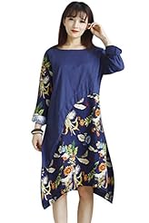 Vintage Floral Print Cotton/Linen Knee Length High-Low-Hem  Dress