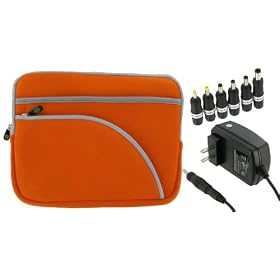 2n1 Combo - Samsung N140-14R 10.1-Inch Netbook Neoprene Sleeve Slip Case and AC Wall Adapter Charger (Invisible Zipper Tri-Pocket - Orange)