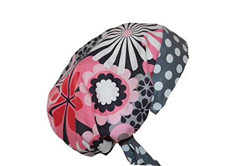 Surgical Scrub Hat Cap Pink Grey Flower Dots Fitted Feminine