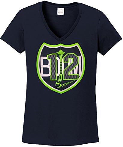 Sea Hawks Ladies "12 Boom" Glow in the Dark Short Sleeve T-Shirt (Navy V-Neck, Ladies - XL)