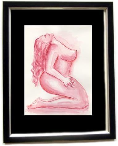 Framed & Matted Original Art BBW Voluptuous Red Rouge Plus Size Curvy Woman Long Hair Boudoir Nude Female Watercolor Painting