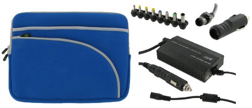 rooCase 4n1 Combo - Acer Aspire One AO751H-1401 11.6-Inch Netbook Sleeve Case with AC and DC Adapter Charger Home / Car / Airplane - Invisible Zipper Tri-Pocket Dark Blue