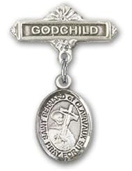 Sterling Silver Baby Badge with St. Bernard of Clairvaux Charm and Godchild Badge Pin
