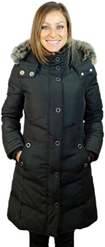 Sophie Madison Women Junior Fit Down Fill Coat with Faux Fur Trim Hood Black S