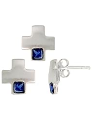 Sterling Silver Matte-finish Greek Cross Earrings (10mm tall) & Pendant Slide (10mm tall) Set, w/ Princess Cut Blue Sapphire-colored CZ Stones