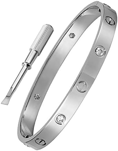 Stainless Steel LOVE Screw Head Oval Bangle Bracelet with Diamonds for Men and Women Silver tone for Valentine's Day by Aolopo Jewelry Factory