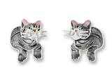 Silver Tabby Cat Sterling Silver and Enamel Earrings by Zarah