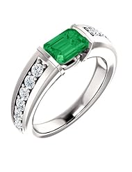18K White Gold 7.00x5.00mm Emerald Cut Chatham Created Emerald and Diamond Ring -- LIFETIME WARRANTY