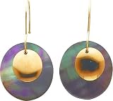 14K Gold Black Simulated Pearl Shell Disc Earrings |A