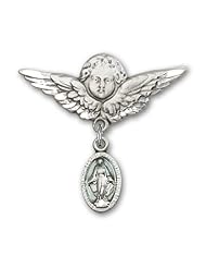 Sterling Silver Baby Badge with Blue Miraculous Charm and Angel with Wings Badge Pin