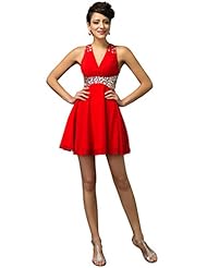V-neck Ruched Beaded Cocktail Short Acrylic/Chiffon/Satin Empire   Waistline Prom Dress/Party Dress 