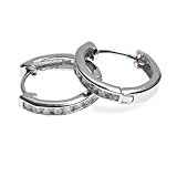Sterling Silver Huggie Hoop Earrings with Clear CZ - Size: 3mm x 16mm