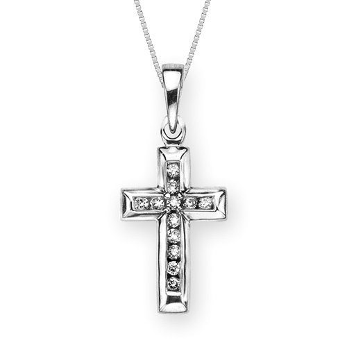 10K White Gold 0.12 ct. Diamond Channel Set Cross Pendant with Chain