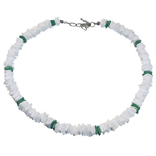 Hawaiian White and Green Square Cut Puka Shell Necklace with Lobster Lock