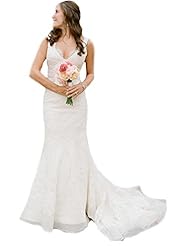 V-neck Sleeveless Mermaid Lace Empire   Waistline Organza Wedding Dress  with a Chapel Train  With a Ribbon 