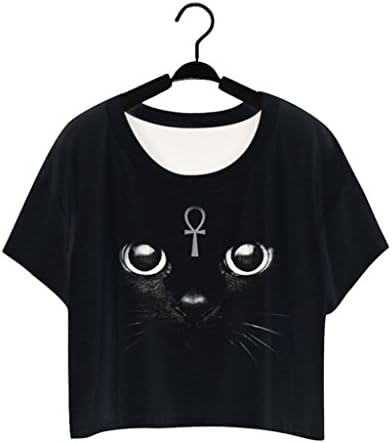 Fashion Summer Style Woman's Crop Tops Black Cat Printed Tops Casual
