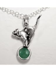 Playful Kitty Cat in Silver with Jade Made in America