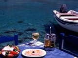 IMAGE OF Seaside Table with Salad, Taramosalata, and Glass of Retsina Wine, Loutro, South Crete, Greece Photographic Poster Print by Steve Outram, 42x56