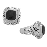 Sterling Silver Leafy Vine Square Black Cabachon Ring