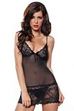 ToBeInStyle Two Piece Set Lace Mesh Chemise And Thong Satin Bow