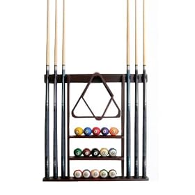 Click here to buy 6 Pool Cue - Billiard Stick Wall Rack Made of Wood Mahogany Finish.