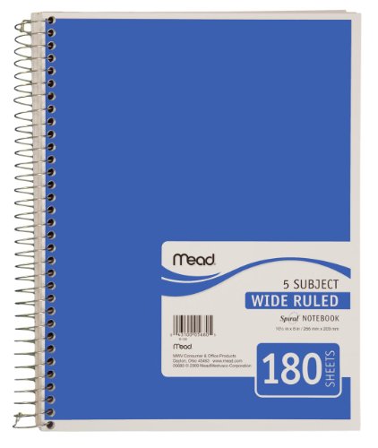 Mead Spiral Notebook, 5-Subject, 180-Count, Wide Ruled, Blue (72235)