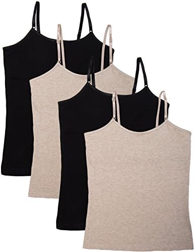 Caramel Cantina Girls 4 Pack Cami Tanks with Shelf Bras (7, 4PK: 2-Black 2-Beige)