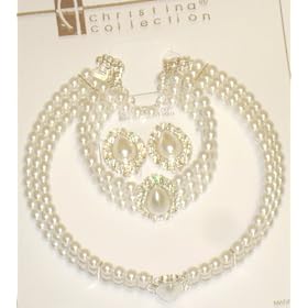 Three Strand Simulated White Pearl Genuine Silver Plated Choker Necklace Earrings on Clips and...