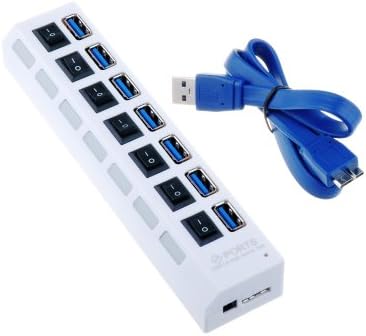 VicTec 7 Port USB 3.0 Hub with Individual Power Switches and LEDs (White)