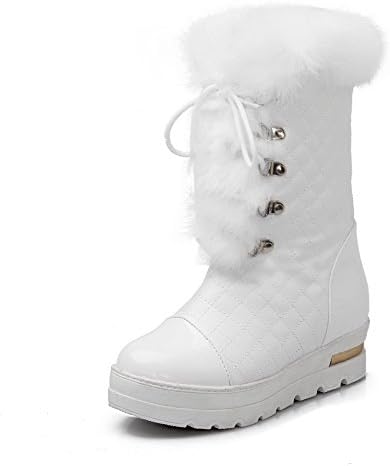 Maymeenth Womens Round Closed Toe Kitten Heels Artificial Plush Solid Boots with Plaid Pattern, White, 38