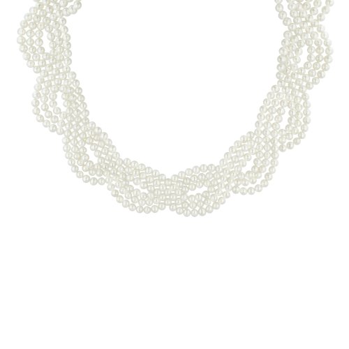Six Row White Freshwater Cultured Pearl Woven Design Necklace, 17" + 3" Extender