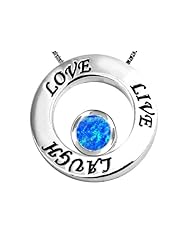 Original Star K (tm) Live/Love/Laugh Circle of Life Pendant with October Birthstone Round 7mm Created Blue Opal in .925 Sterling Silver