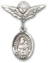 Sterling Silver Baby Badge with Our Lady of Prompt Succor Charm and Angel with Wings Badge Pin