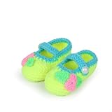 C-Princess手編み風 可愛い柄 新生児 ベビーニットシューズ 11cm 0-18ヶ月赤ちゃんに 出産お祝いプレゼントにも ファーストシューズ ボタン 豌豆 (蛍光色)