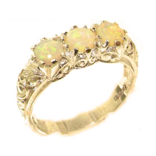 Luxury Solid Yellow Gold Natural Fiery Opal Art Nouveau Carved Trilogy Ring - Finger Sizes 5 to 12 Available