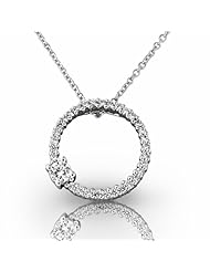 Platinum Contemporary Circle Diamond Pendant featuring a larger Round Brilliant Accent Diamond. 3/4 CTW