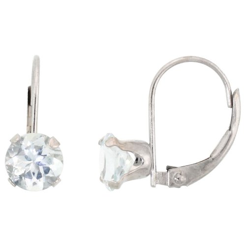10k White Gold Natural Aquamarine Leverback Earrings 6mm Brilliant Cut March Birthstone, 9/16 inch tall